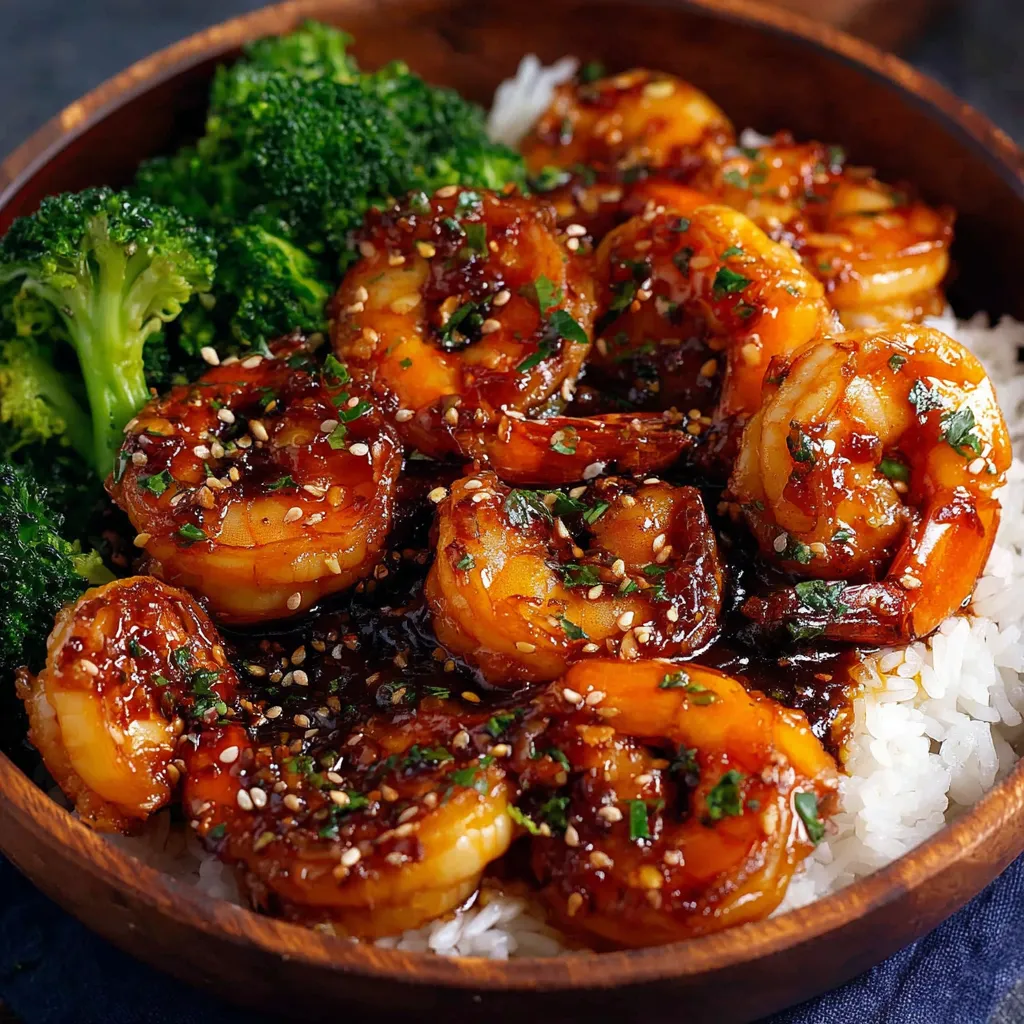 Honey garlic shrimp bowl: juicy shrimp, rice, and veggies.