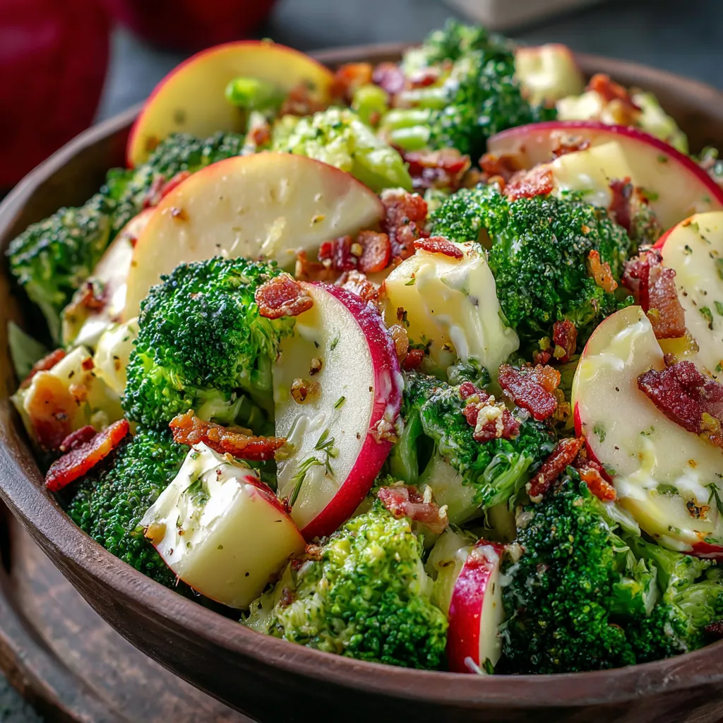 Honeycrisp apple broccoli salad close-up showcases the crisp texture and sweet combination of ingredients.