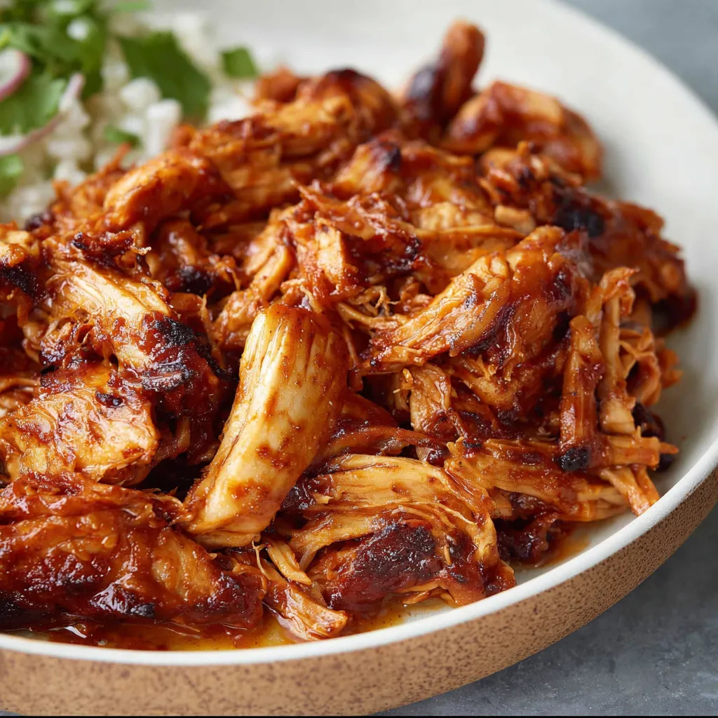 Juicy and tender Instant Pot pulled BBQ chicken is shown in a close-up image, perfect for easy weeknight dinners.