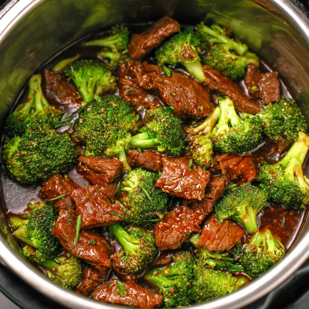 Close-up view of tender beef and vibrant broccoli glistening with a savory ginger garlic sauce, cooked to perfection in the Instant Pot for an easy weeknight meal.