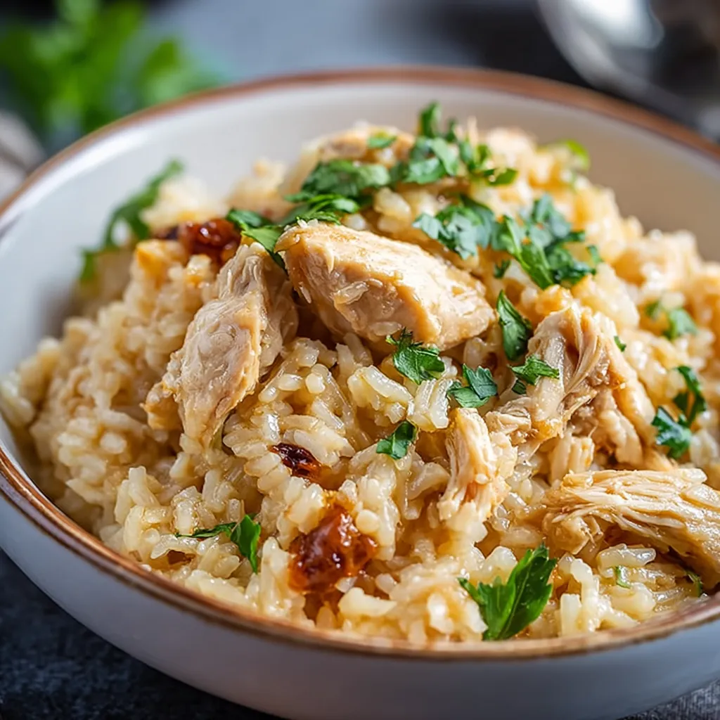 Close-up of flavorful Instant Pot Chicken and Rice, showcasing the perfectly cooked chicken and fluffy rice.
