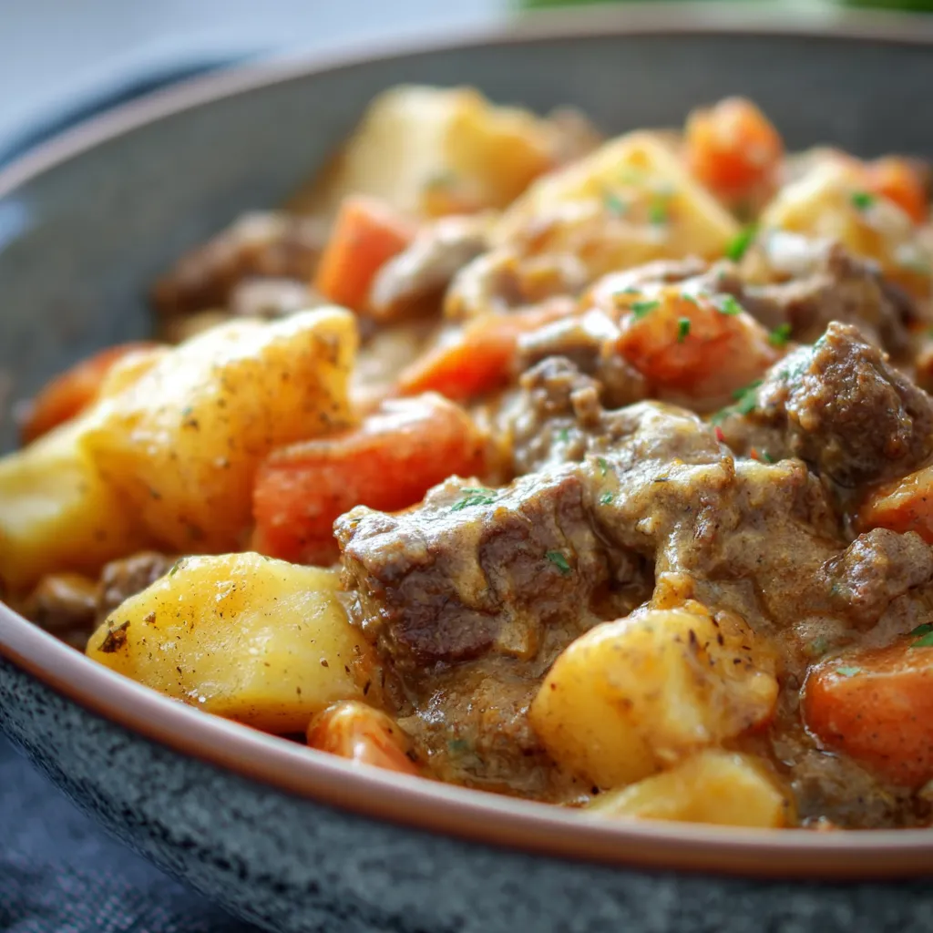 A close-up view of a freshly baked Instant Pot Hobo Casserole, showcasing the golden-brown topping and visible layers of ground beef, vegetables, and potatoes, illustrating the hearty and comforting nature of this easy meal.