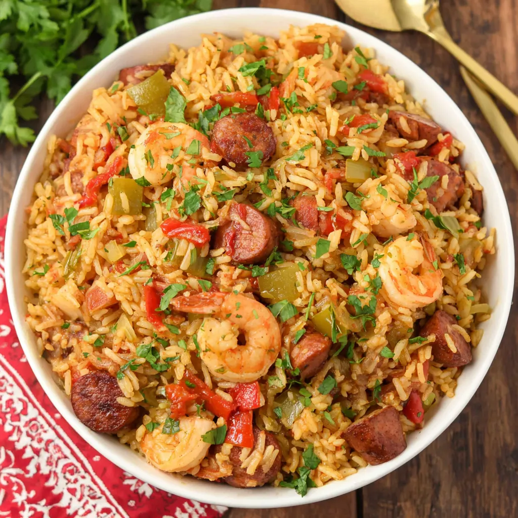 Easy Instant Pot Jambalaya second content image showcases the finished dish with rice, sausage, chicken, and vegetables.