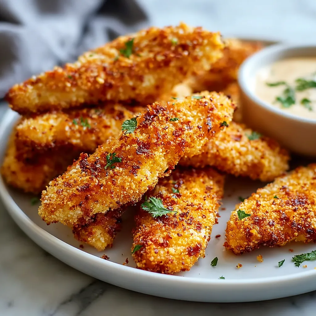 A close-up shows crispy, golden Baked Chicken Tenders fresh out of the oven, ready to be enjoyed.