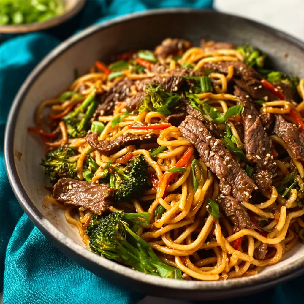 A close-up shot showcases delicious Beef And Broccoli Lo Mein Noodles, ready to be enjoyed.