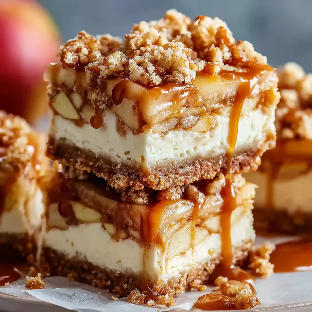Close-up of delicious, homemade Caramel Apple Cheesecake Bars showing the caramel drizzle and apple slices.