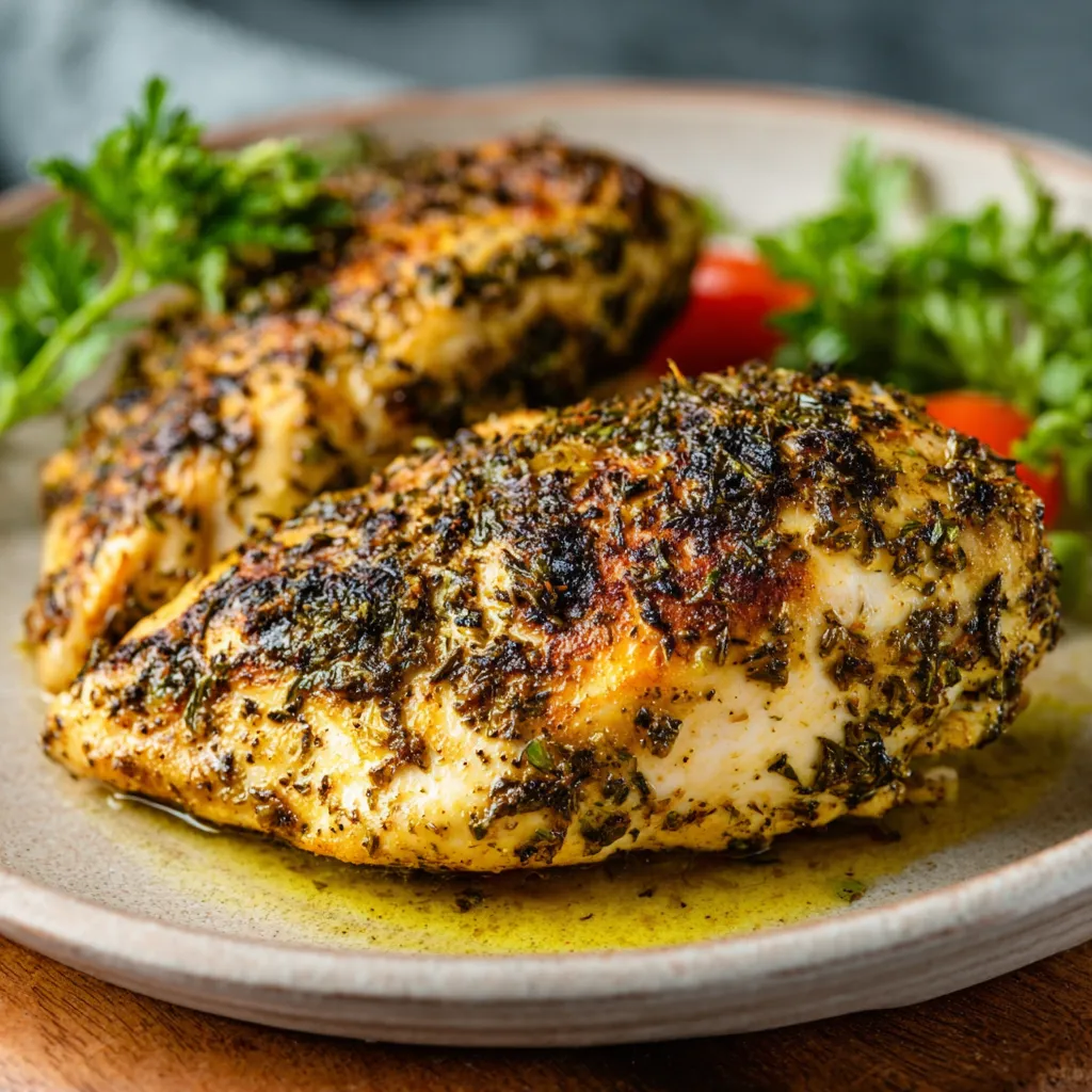 Close-up of juicy Mediterranean Herb Crusted Grilled Chicken showcasing the herb crust and grilled marks.