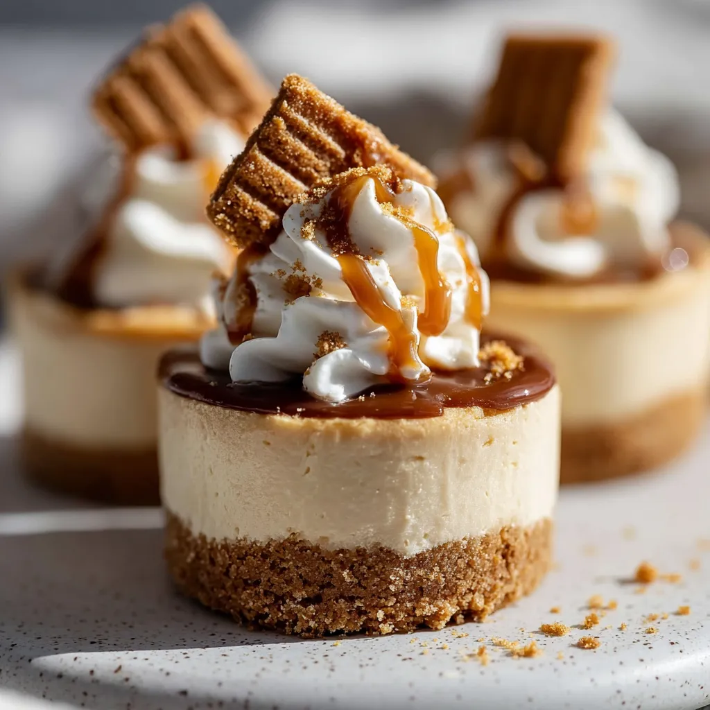 Close-up of creamy Mini Biscoff Cheesecakes with a crunchy Biscoff cookie crust and topping, perfect for individual desserts.