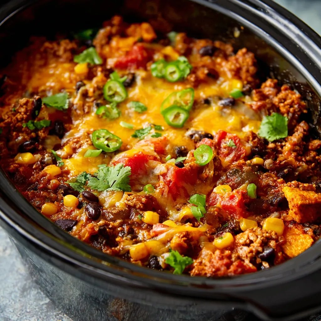 Close-up view of a freshly baked Taco Casserole, showcasing its layers of seasoned ground beef, melted cheese, and colorful toppings.