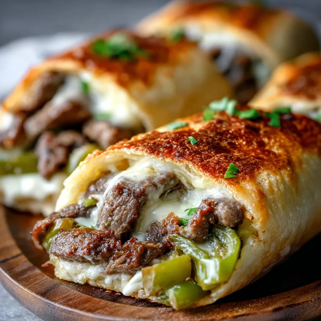 Close-up view of a delicious and cheesy Keto Philly Cheesesteak Roll, highlighting the perfectly browned crust and savory filling, enticing readers to try this irresistible low-carb recipe.