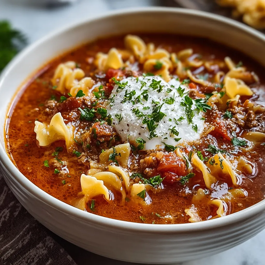 Cozy lasagna soup is shown in a bowl, highlighting its comforting texture and inviting appearance.
