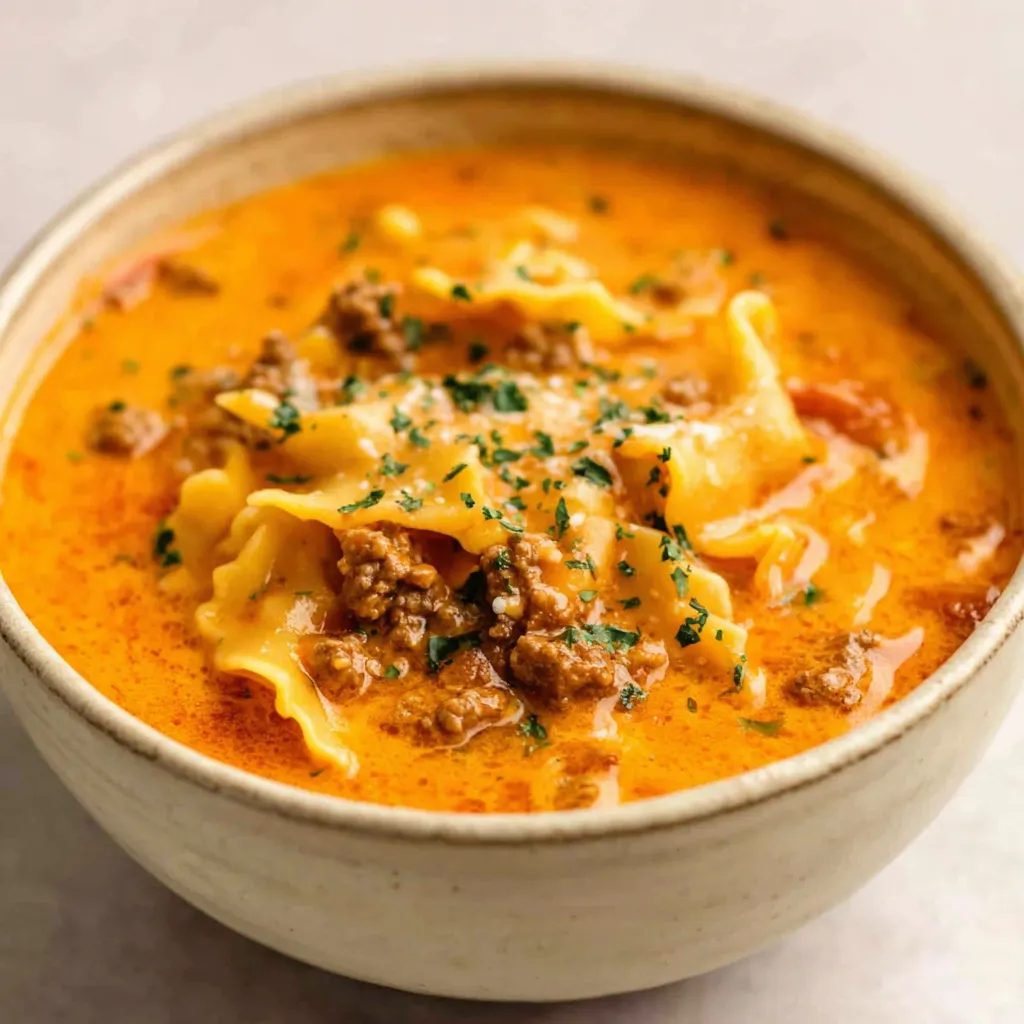 Close-up view of a steaming bowl of easy crockpot lasagna soup, showcasing the layers of pasta, meat, and cheese in a savory tomato broth.