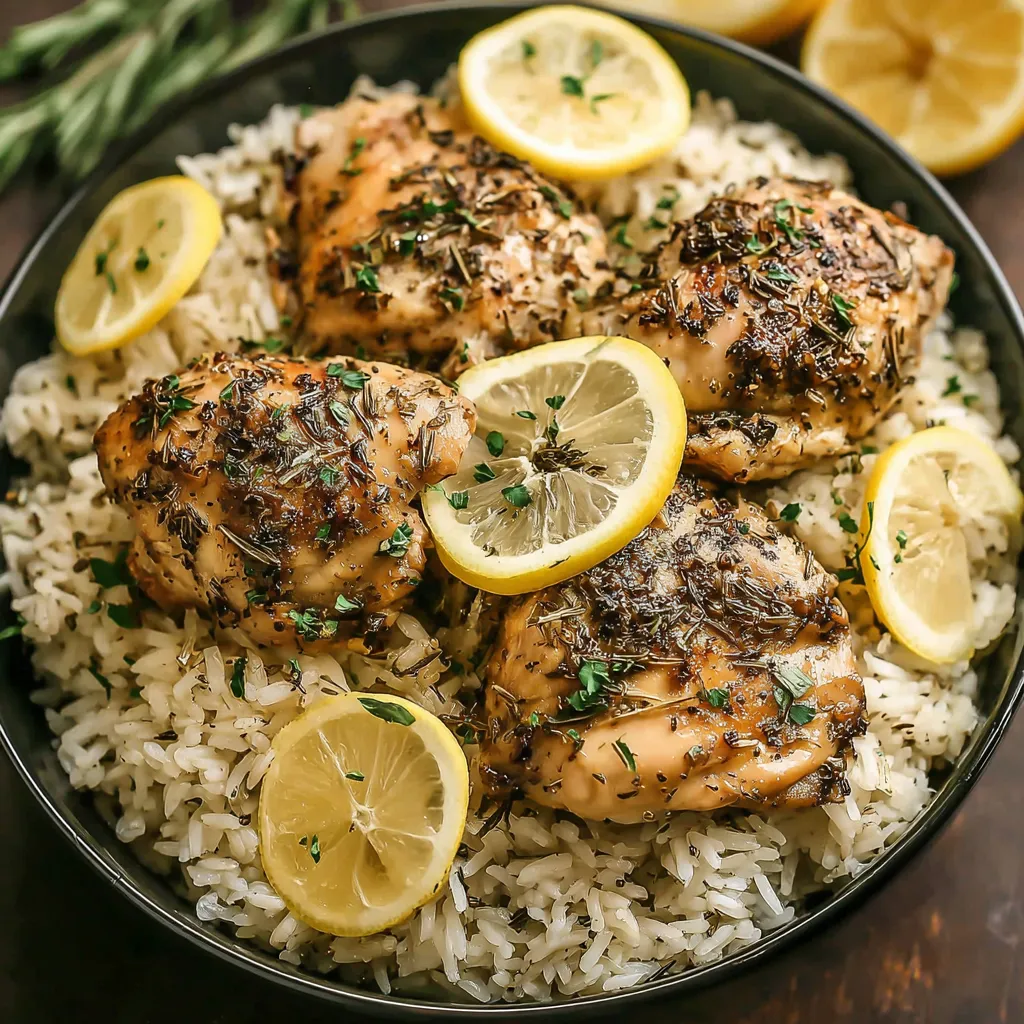 Easy slow cooker lemon herb chicken and rice is pictured in a white bowl, ready to serve.