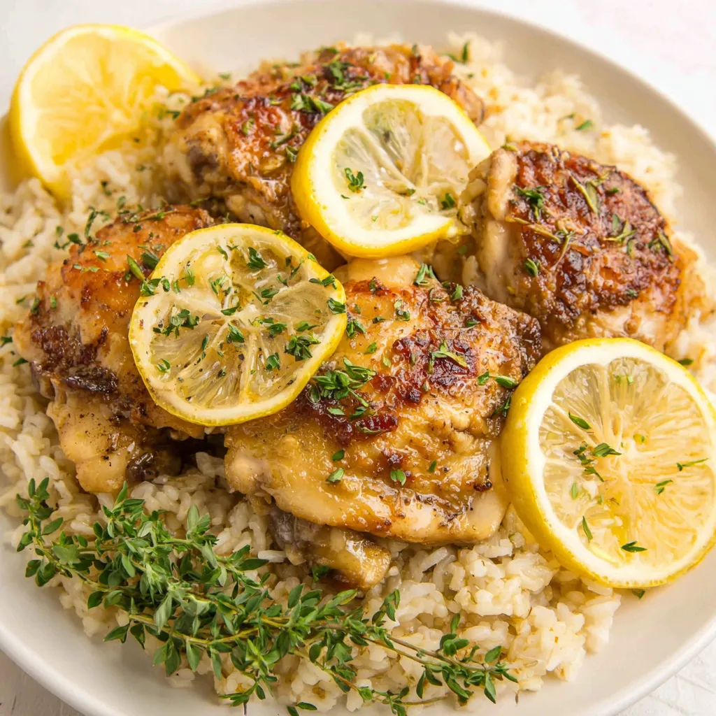 Close-up image of the finished slow cooker lemon herb chicken and rice dish showcasing the tender chicken and fluffy rice.