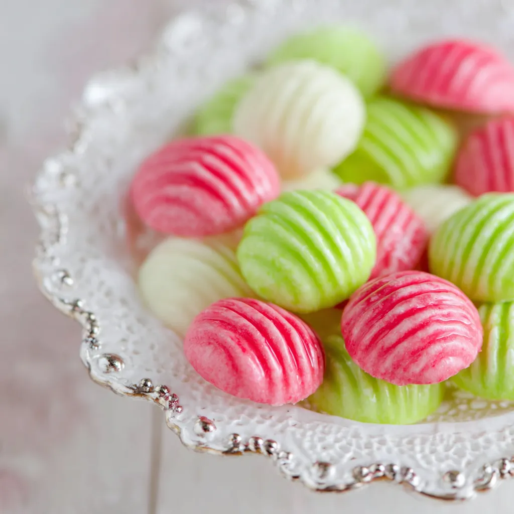 Close-up view of pastel-colored, homemade cream cheese mints arranged on a plate, showcasing their delicate texture and simple, elegant design.