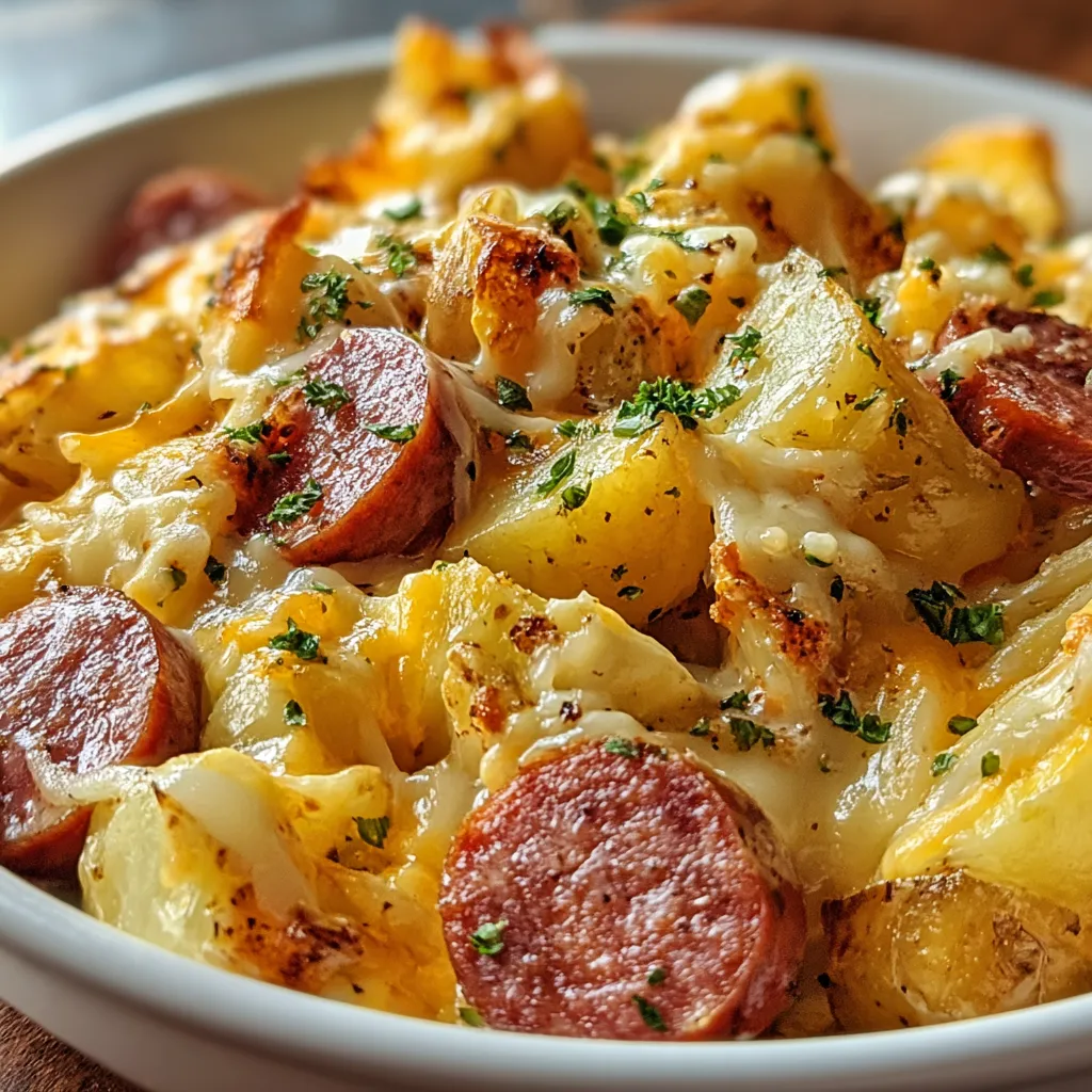 One-pan cheesy ranch potatoes and smoked sausage is shown cooked and ready to serve in this recipe content image.