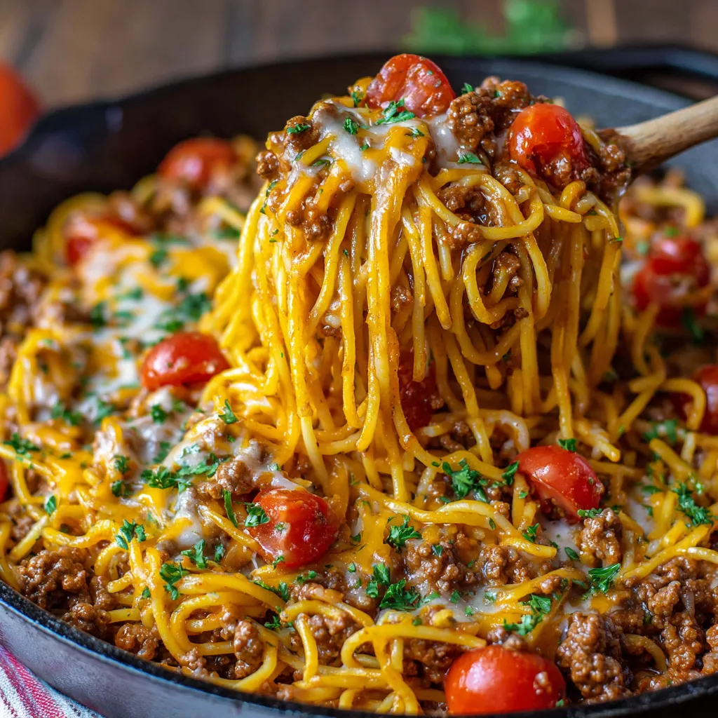 Easy one-pot cowboy spaghetti is shown in a serving bowl, showcasing the delicious and simple recipe perfect for a quick family dinner.