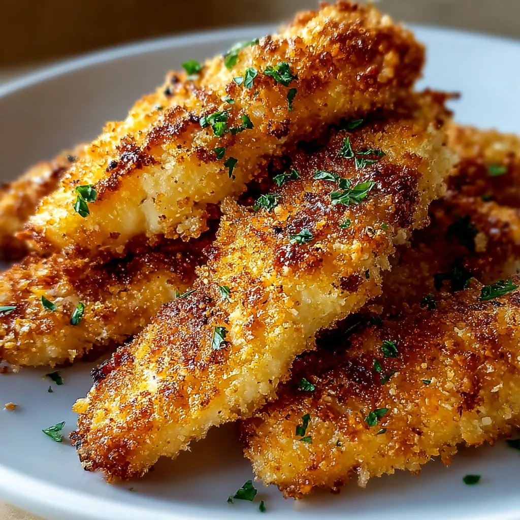 Close-up of crispy, golden-brown Parmesan oven-baked chicken tenders showcasing their crunchy texture and delicious coating.
