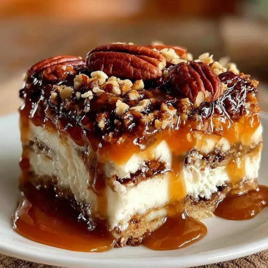 Pecan pie lasagna, an easy dessert dream, showcases layered pecan filling and a creamy topping in a delicious second content image.