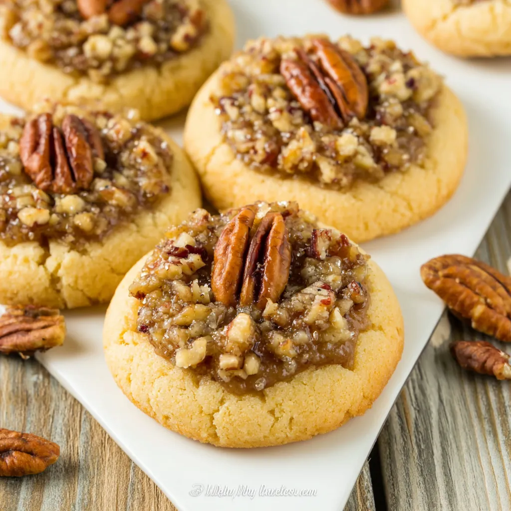 Golden-brown pecan pie thumbprint cookies with a gooey filling offer a delicious and easy-to-make holiday treat.