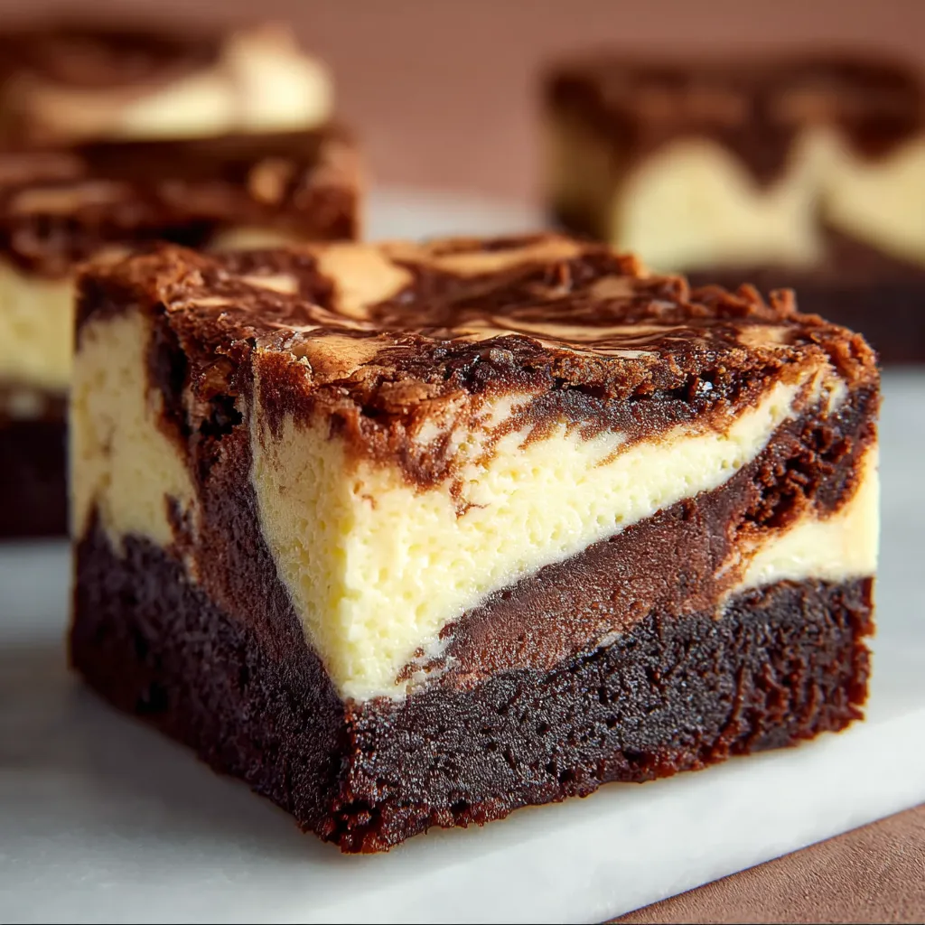 Close-up of decadent Cheesecake Brownies, showing the fudgy brownie base and creamy cheesecake swirl.