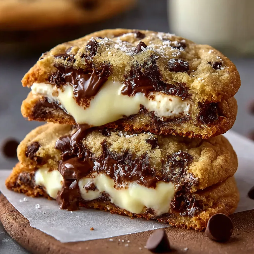 Close-up view showcasing the creamy cheesecake filling inside freshly baked Cheesecake Stuffed Chocolate Chip Cookies.