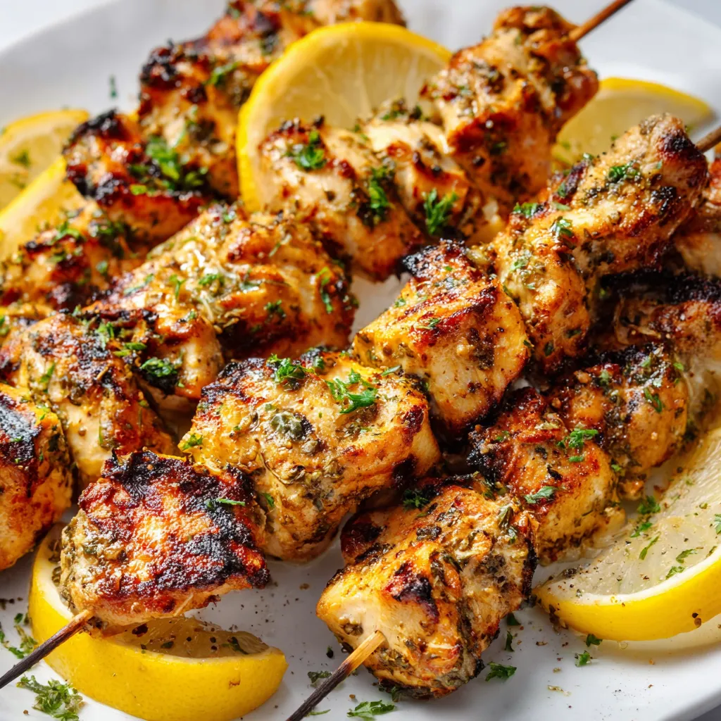 Close-up of grilled Lemon Pepper Chicken Skewers, showcasing the juicy chicken and pepper seasoning.