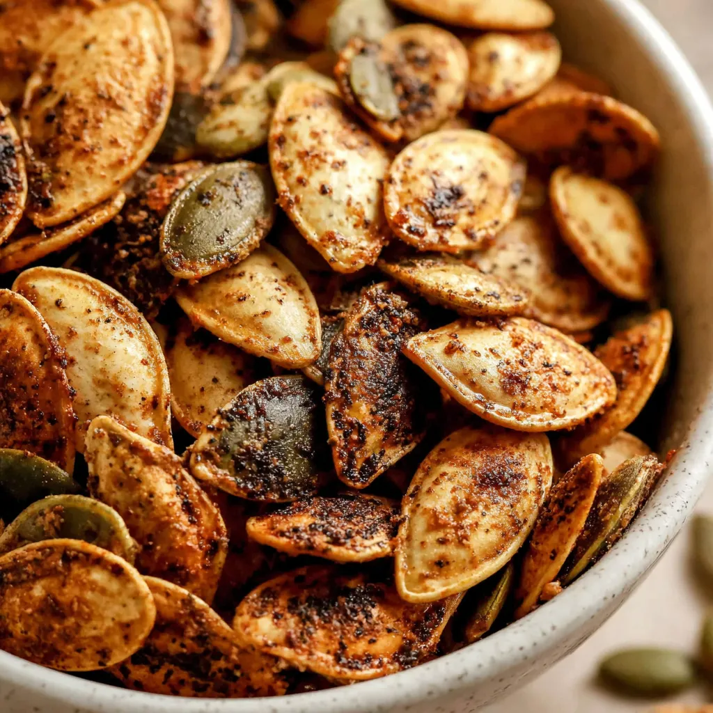 Roasted pumpkin seeds are shown seasoned and spread out on a baking sheet, ready to be enjoyed as part of an easy homemade recipe.