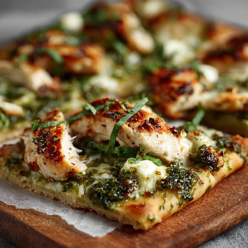 Close-up of a freshly baked Pesto Chicken Flatbread, showcasing the melted cheese, vibrant pesto, and tender chicken.