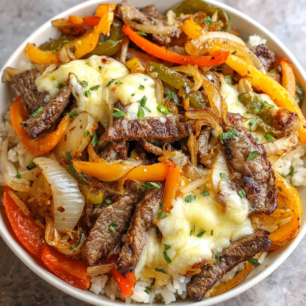 A Philly Cheesesteak Bowl, showcasing an easy weeknight dinner recipe, is displayed in this appetizing image.