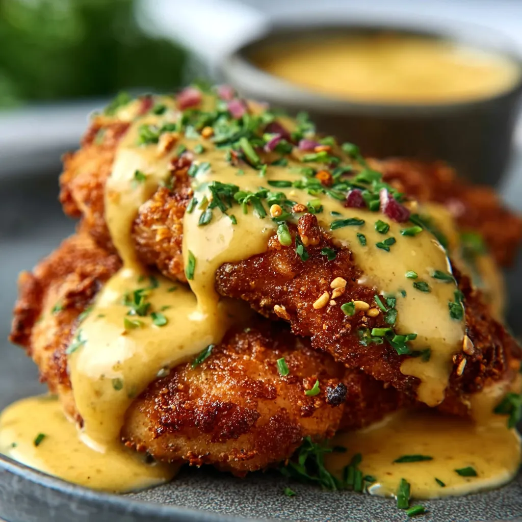 Close-up view of crispy pretzel chicken drizzled with creamy mustard-cheddar sauce, showcasing the dish's texture and deliciousness.
