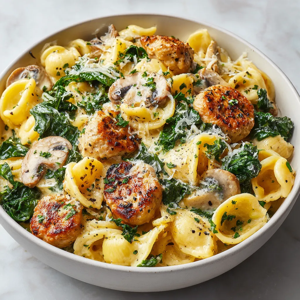 Creamy protein pasta bowl close-up showcases a delicious and easy recipe option.