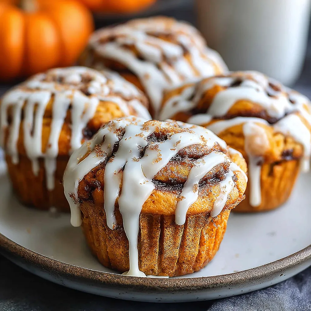 Close-up showcasing the delectable glaze and cinnamon swirl of these unbelievably good pumpkin cinnamon roll muffins.