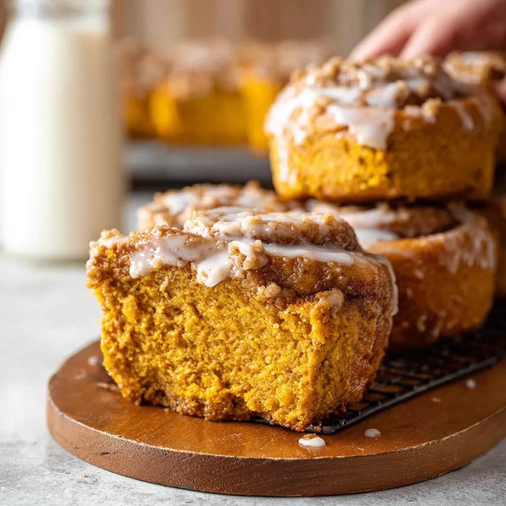Delicious pumpkin cinnamon rolls are pictured as a close-up second image, showing their soft texture and sweet cinnamon glaze.