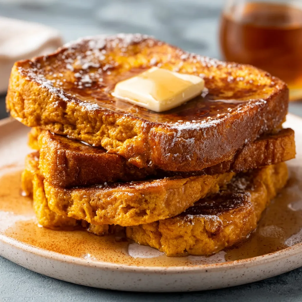 Close-up of pumpkin french toast with brown sugar cinnamon butter shows the texture and deliciousness of the breakfast dish.