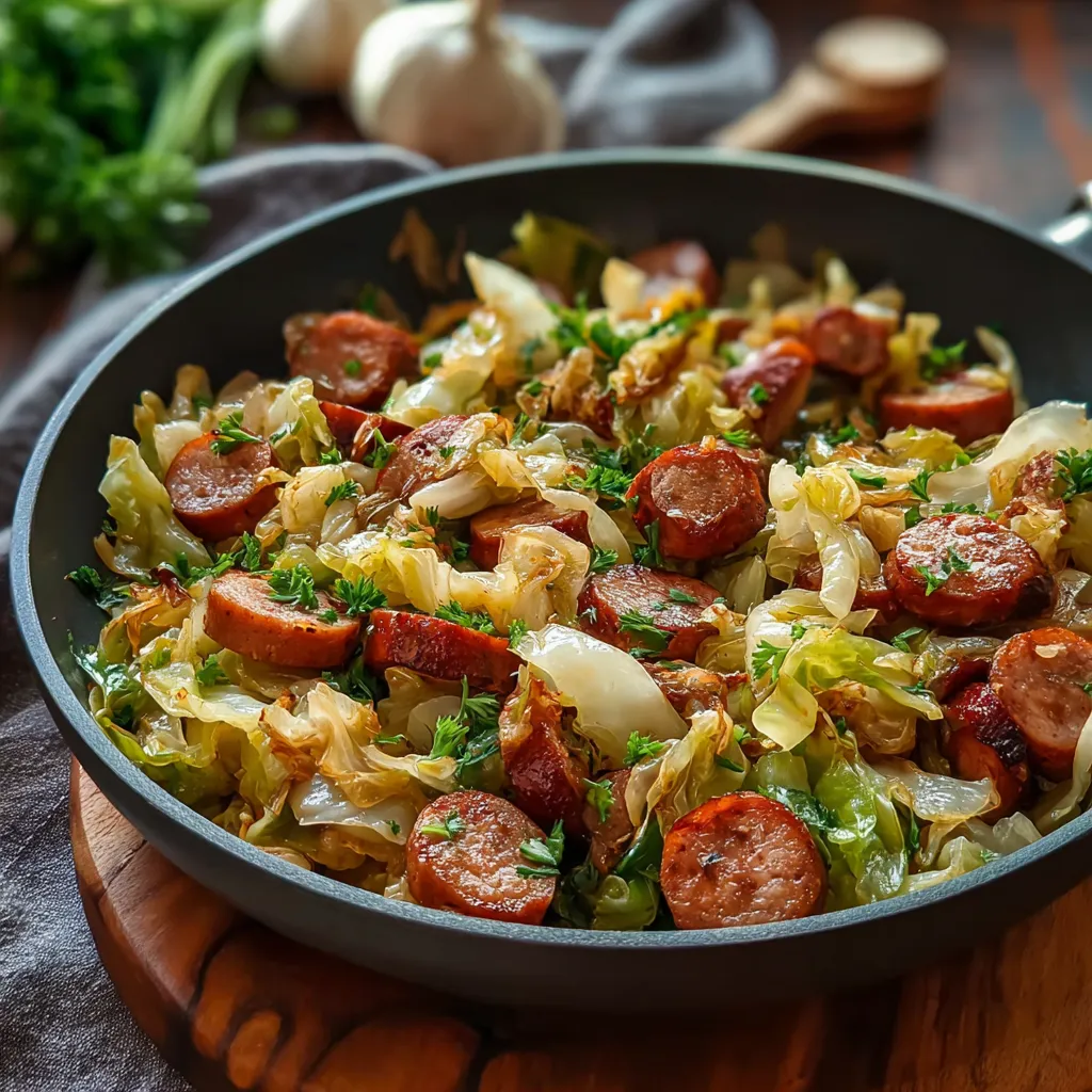 Close-up shot of a freshly cooked Sausage And Cabbage Stir Fry, showcasing the colorful ingredients and delicious texture.