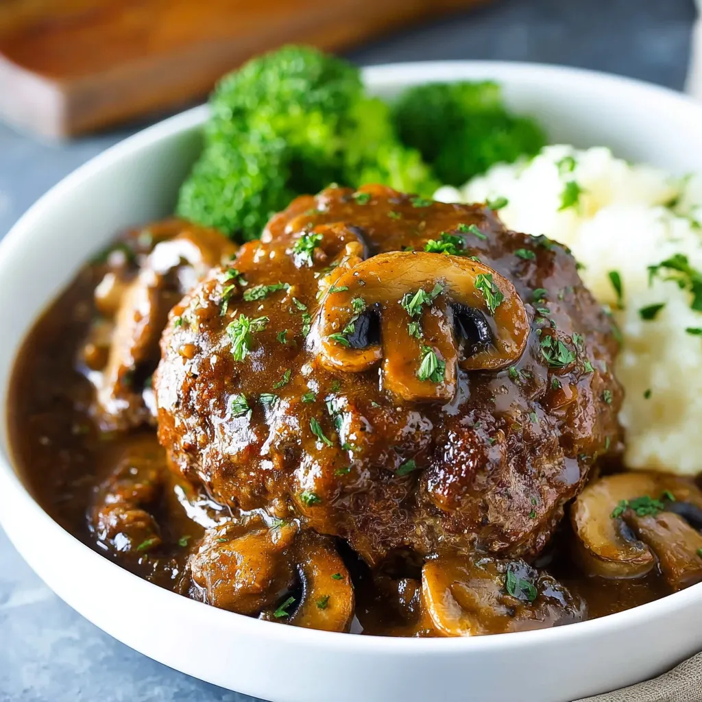 Savory Slow Cooker Salisbury Steak - Easy Weeknight Meal is shown cooked and ready to serve in this image.