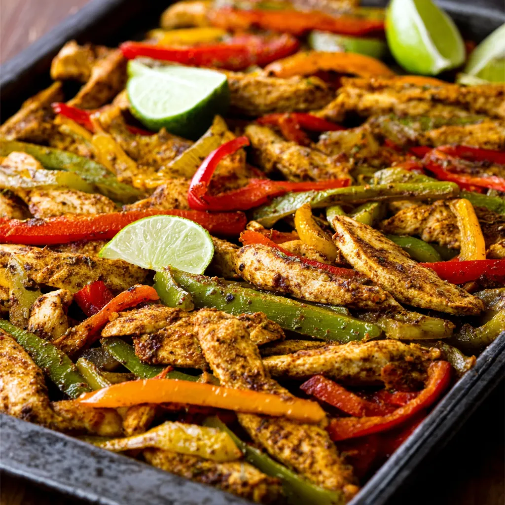 Sizzling sheet pan chicken fajitas fresh out of the oven, showcasing colorful bell peppers and onions with tender chicken strips.