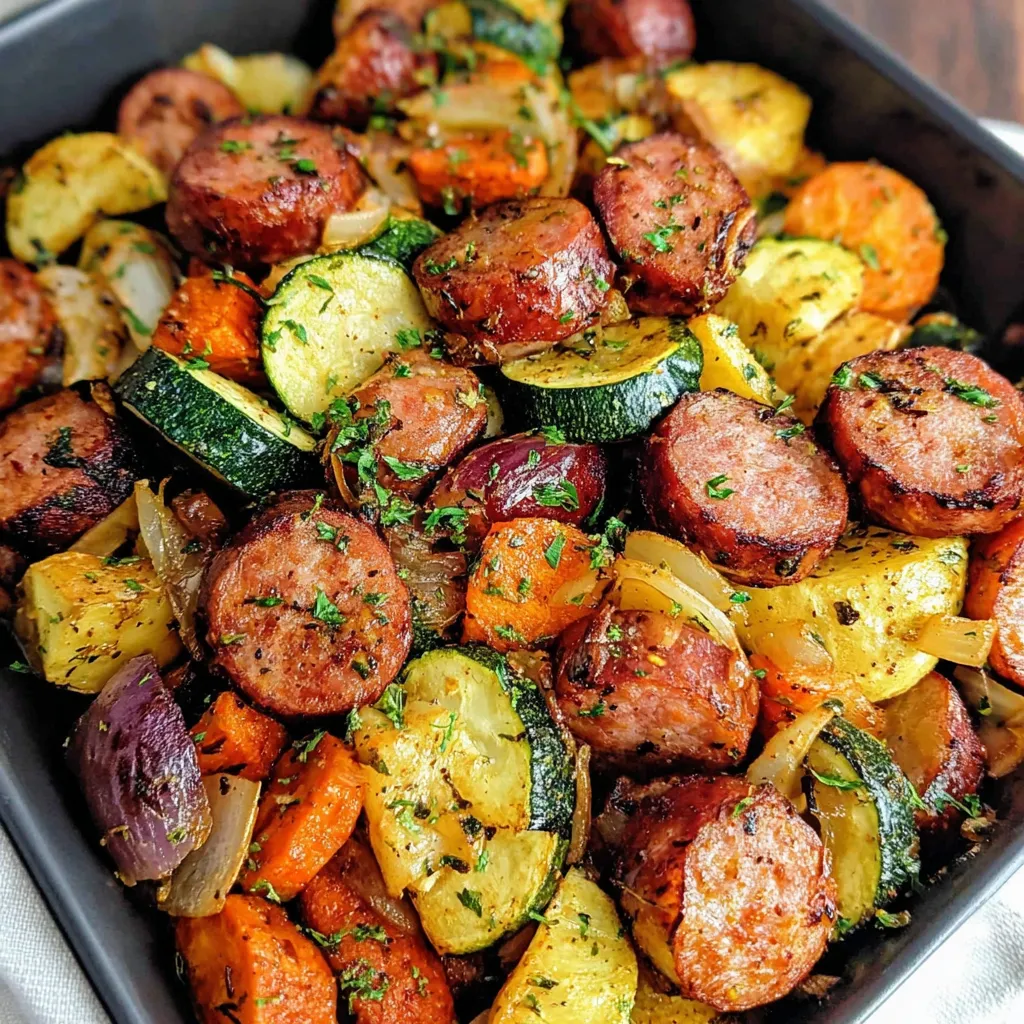 Sheet pan sausage and veggies are shown cooked and ready to be served, illustrating a quick and easy family dinner recipe.