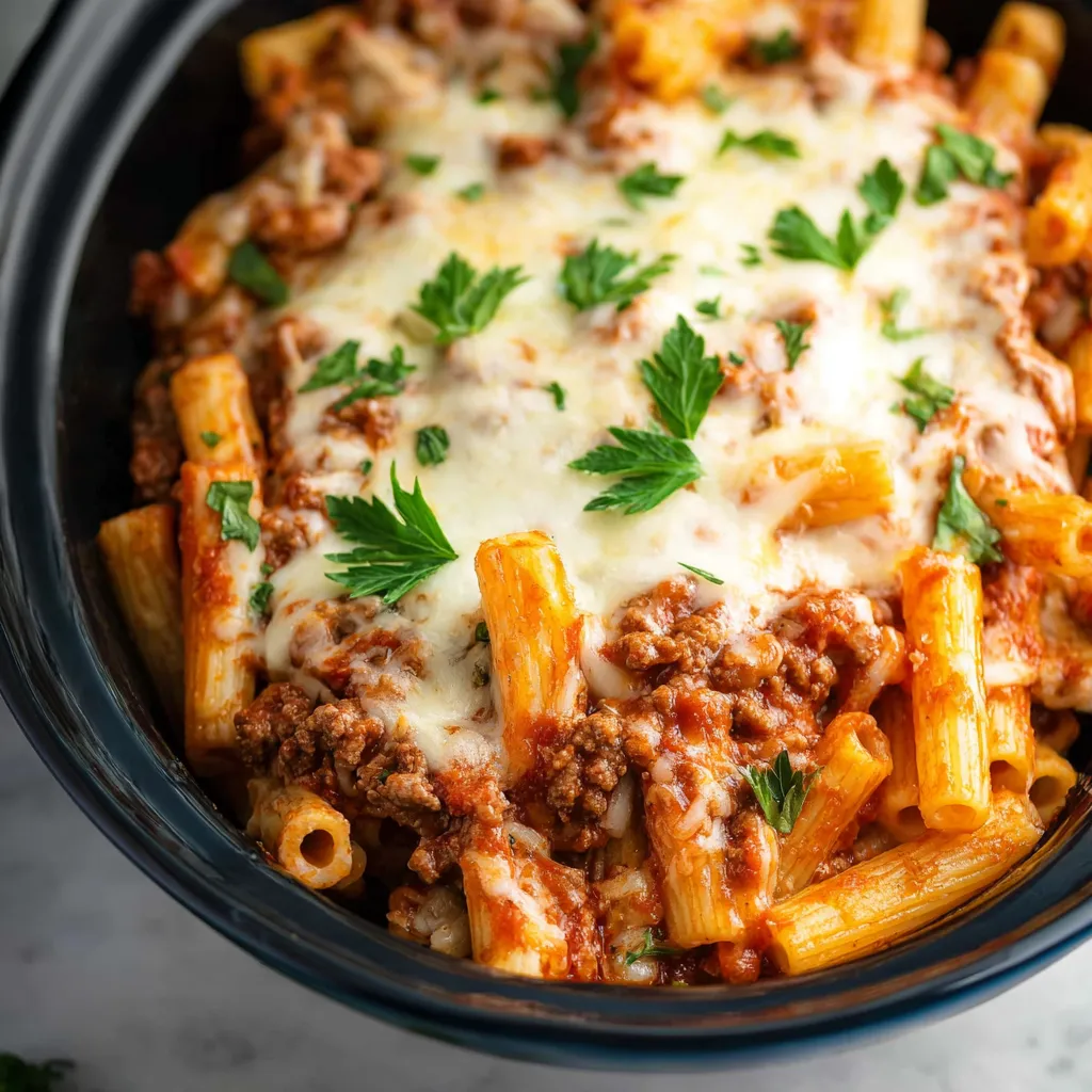 A close-up shot reveals the bubbly, cheesy top of the delicious Slow Cooker Baked Ziti, ready to be served.