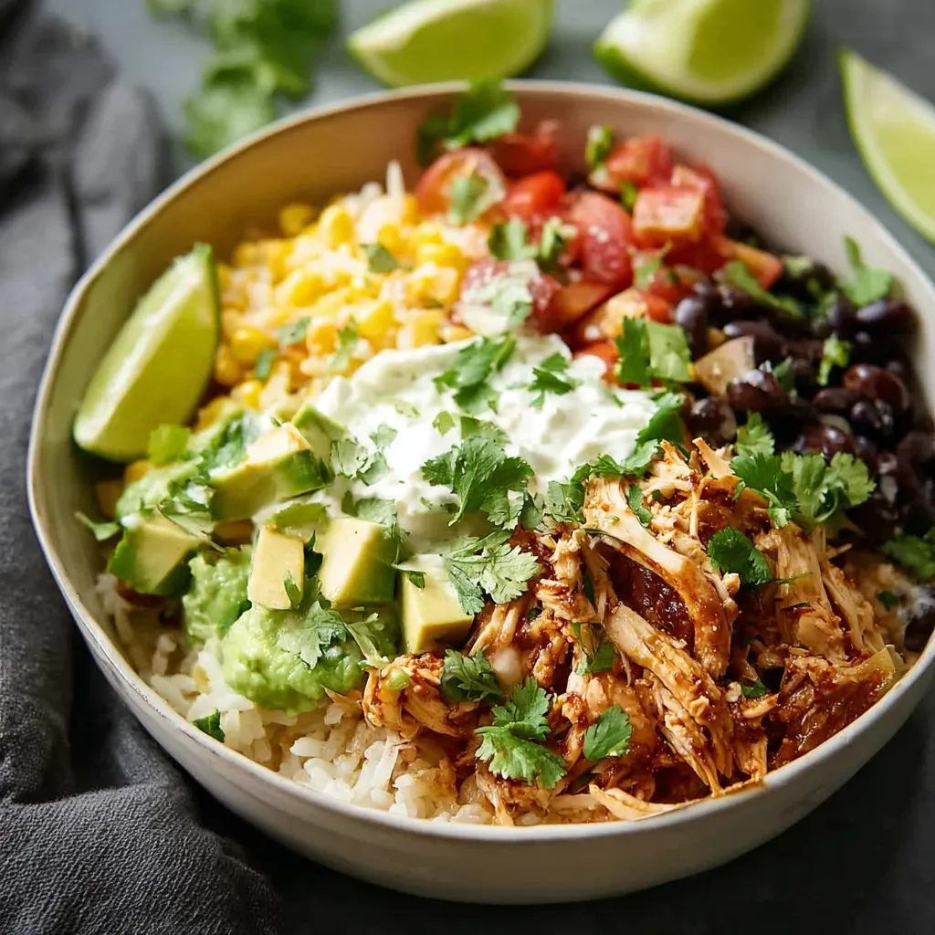 A close-up shot showcases a delicious slow cooker chicken burrito bowl, perfect for a dump-and-go meal.