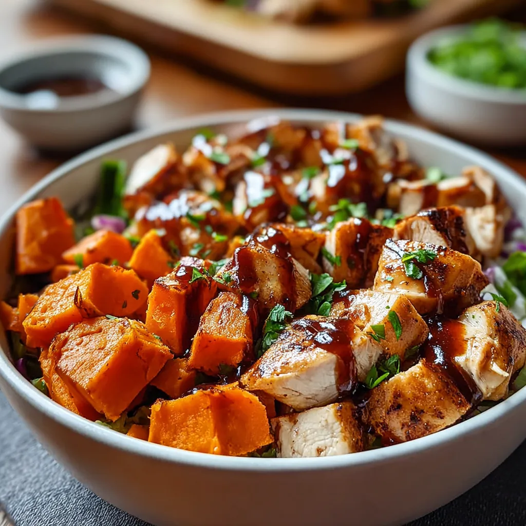 Close-up of a delicious Smoky BBQ Chicken Sweet Potato Bowl, showcasing the vibrant colors and textures of the dish.