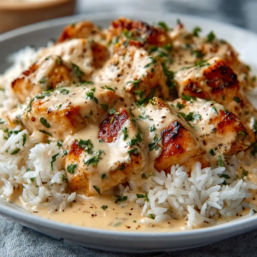Creamy smothered chicken and rice, a delicious one-pan meal, is shown in a close-up image, ready to serve.