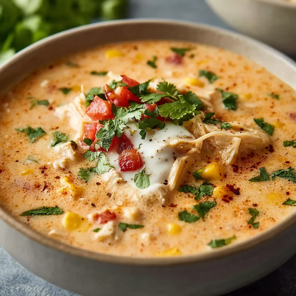 Creamy Southwest Chicken Soup brimming with vibrant vegetables and shredded chicken offers a flavorful and comforting meal, enhancing the article's depiction of this delectable recipe.