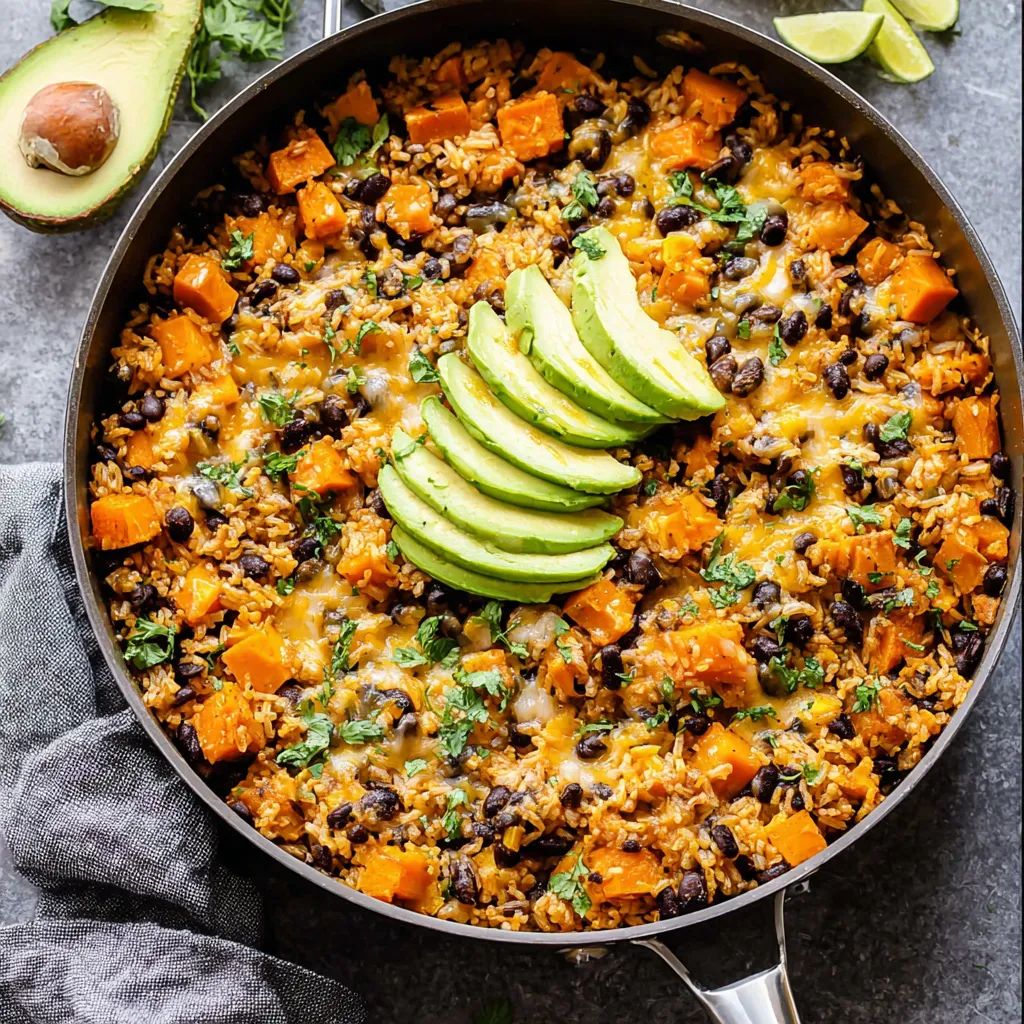 Southwest sweet potato skillet with black bean rice, a delicious and easy weeknight meal, is shown in a second close-up image.