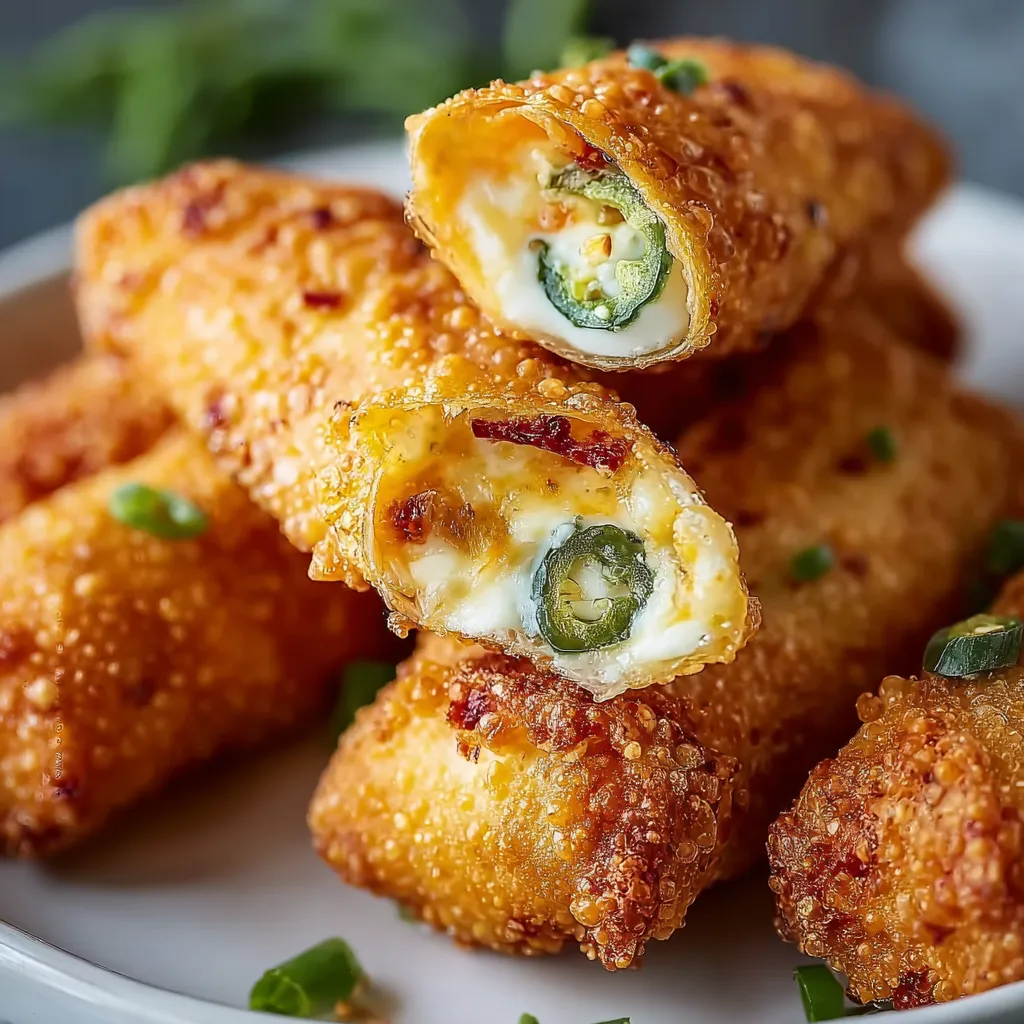 Close-up view of golden-brown Spicy Mini Jalapeño Popper Egg Rolls, showcasing their crispy exterior and creamy, cheesy filling, enticing viewers to try this delicious appetizer.