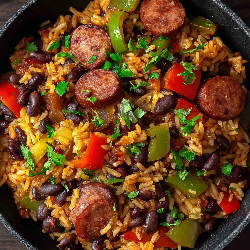 Spicy black beans and rice with sausage is shown in this second image further illustrating the deliciousness of the dish.