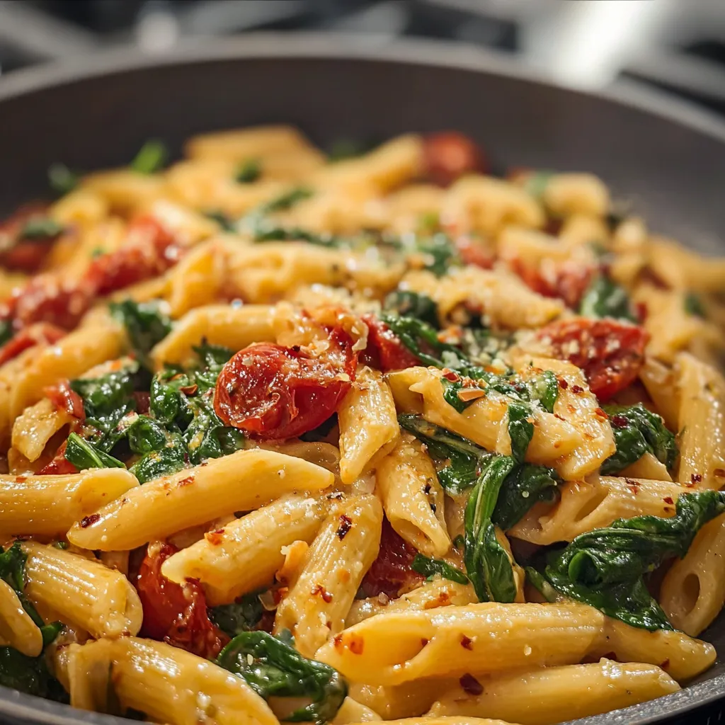 Close-up showcasing a vibrant serving of Spinach Tomato Pasta, perfect for a delicious and healthy meal.