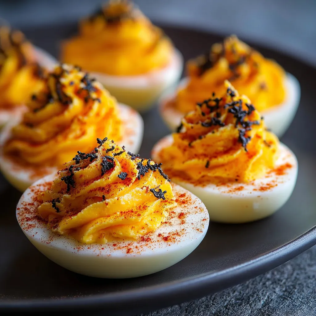 Spooky Halloween deviled eggs with spiderweb decoration, a fun and easy party snack, are shown in this second image.