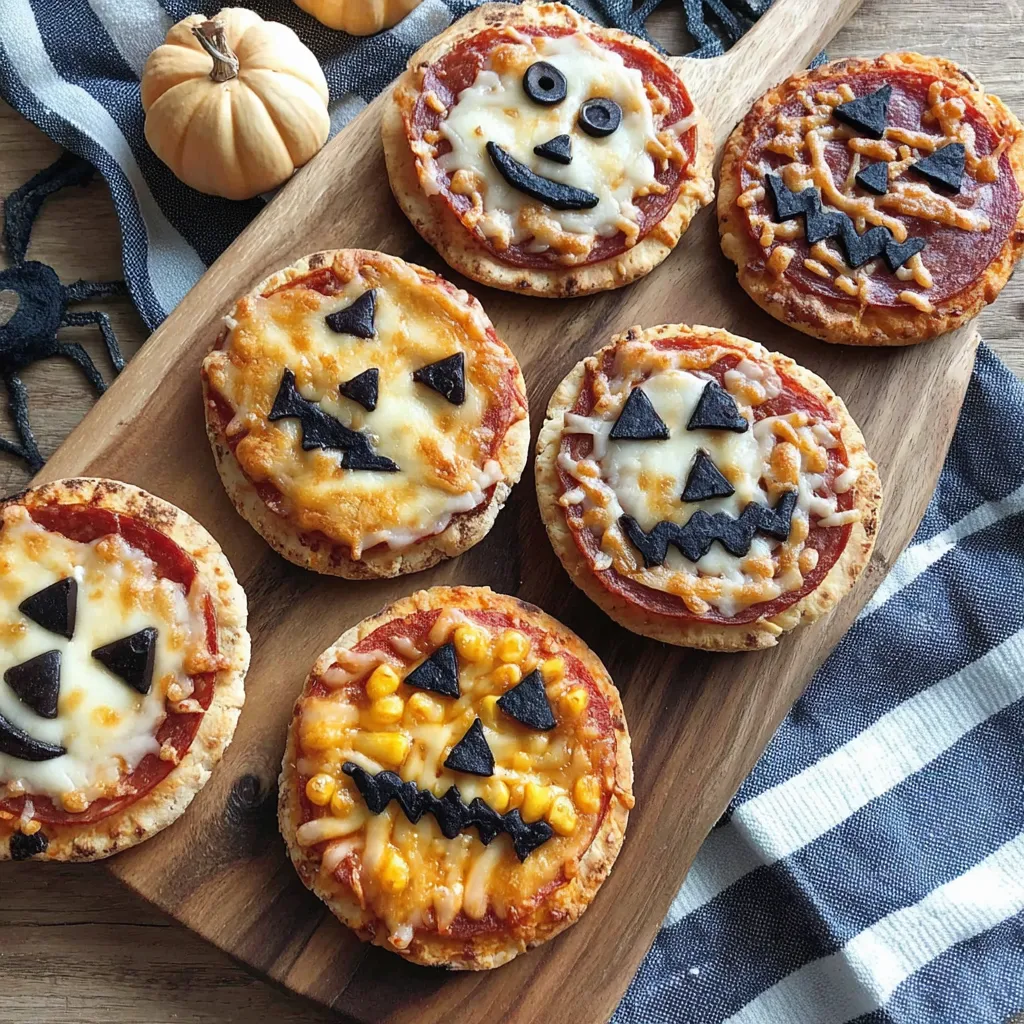 A close-up of spooky Halloween mini pizzas featuring ghost and pumpkin faces made with cheese and olives, showcasing a creative and delicious Halloween treat.